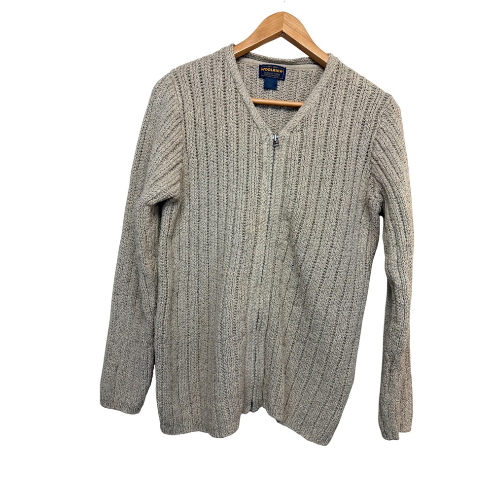 Vintage Woolrich Womens Khaki Ribbed Full Zip Cardigan Sweater Size L Made Japan